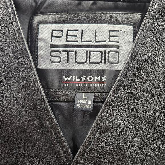 Share Pelle Studio Wilsons Vest Men's L Black 100% Leather V-neck Button Front - Picture 1 of 8